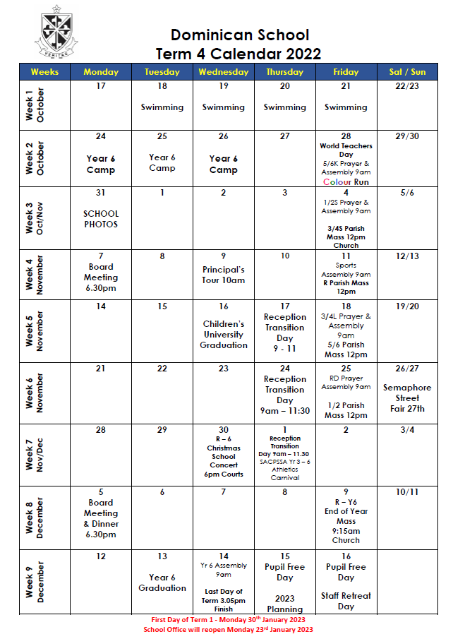 Dominican School School Calendar